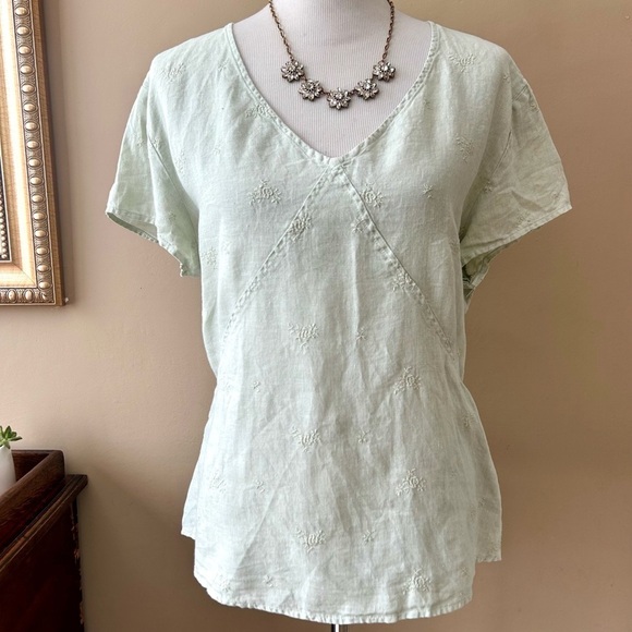 CP Shades Irish Linen Short Sleeve Top Blouse V-Neck Light Green Embroidered L - Picture 2 of 8